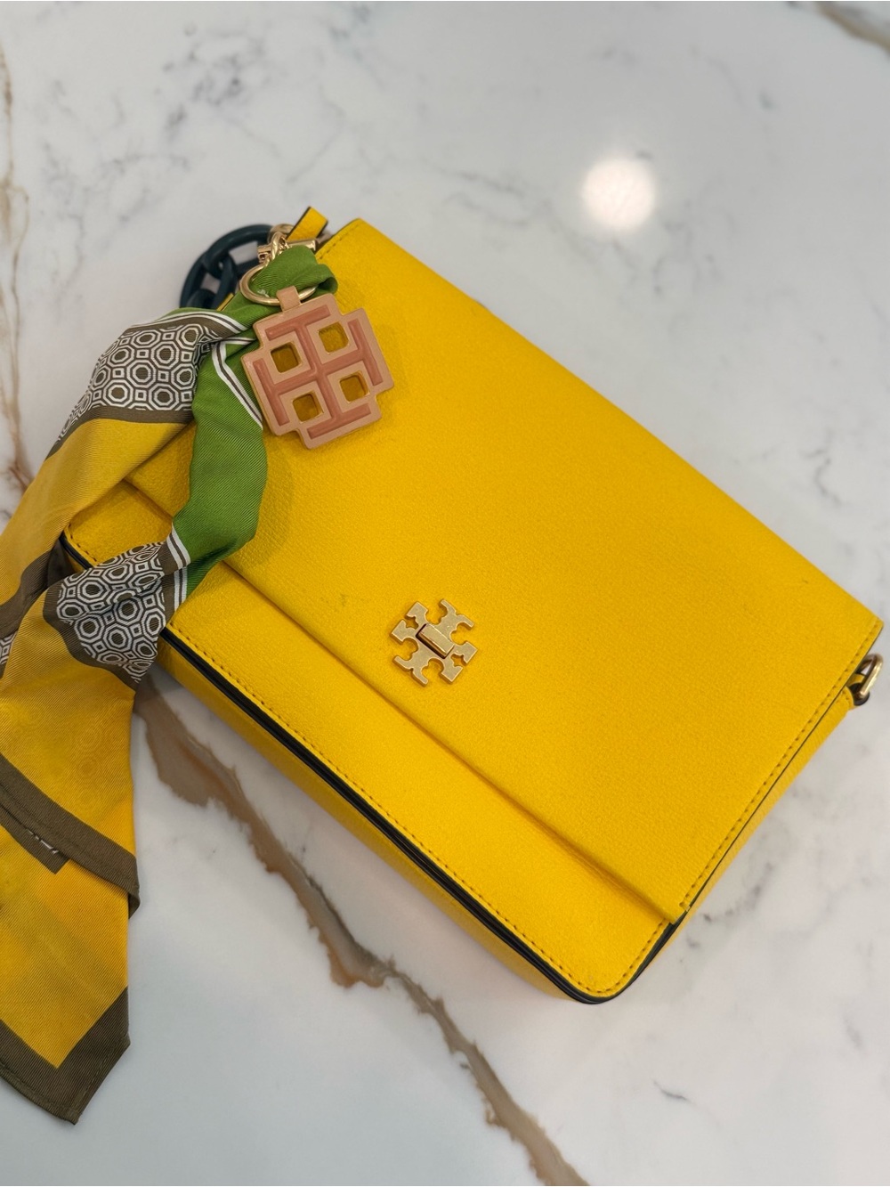 Tory Burch Yellow handbag with Scarf &  Logo Charm